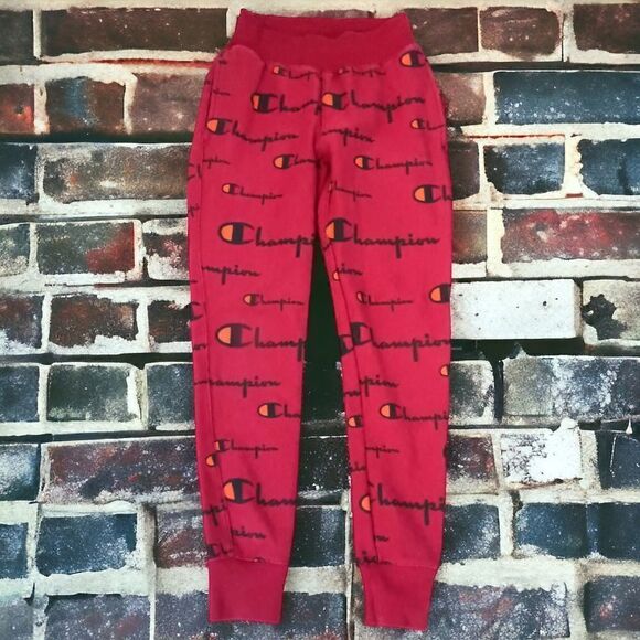 Champion Reverse Weave Joggers S All Over Print Spell Out Red Track Pants Pocket - Picture 6 of 16
